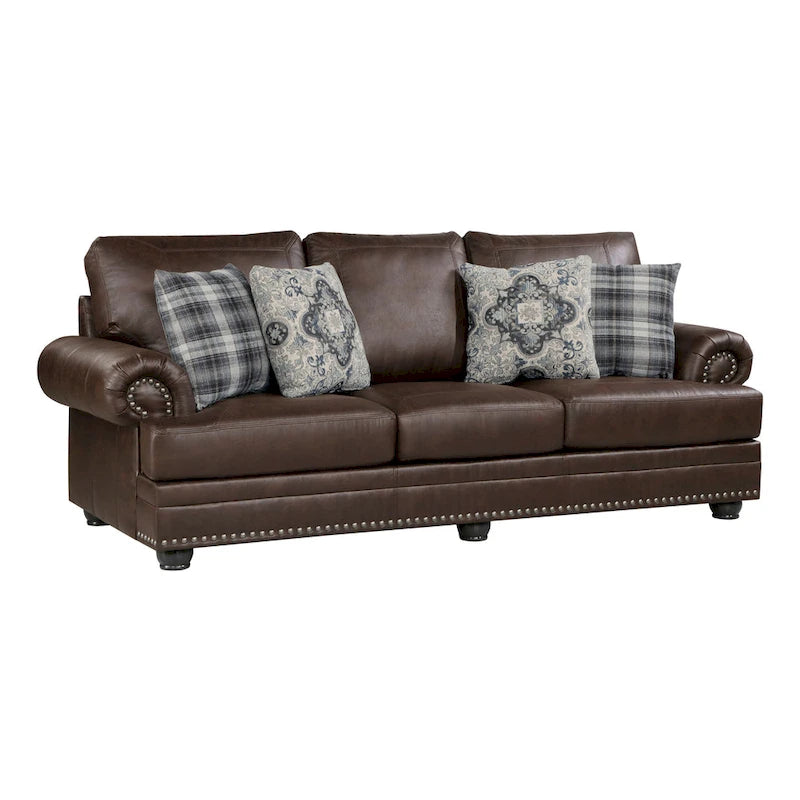 98 Inch Sofa, Rich Brown Microfiber, 4 Pillows, Soft Cushions, Wood