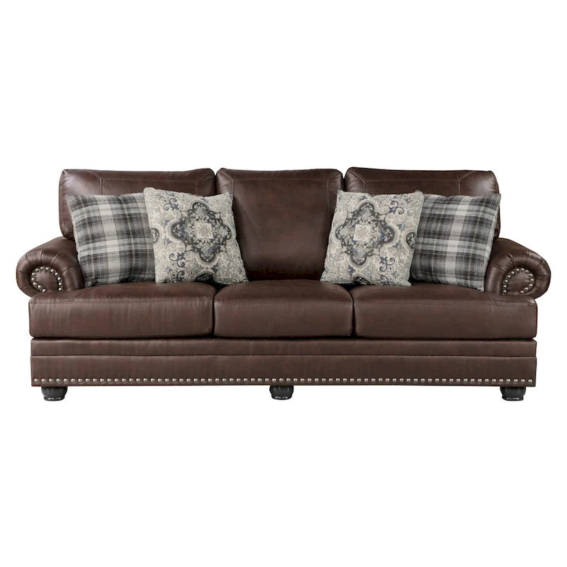98 Inch Sofa, Rich Brown Microfiber, 4 Pillows, Soft Cushions, Wood