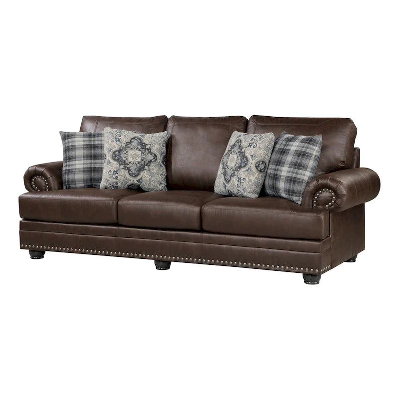 98 Inch Sofa, Rich Brown Microfiber, 4 Pillows, Soft Cushions, Wood