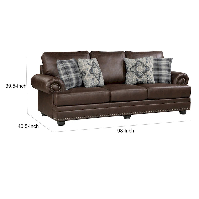 98 Inch Sofa, Rich Brown Microfiber, 4 Pillows, Soft Cushions, Wood