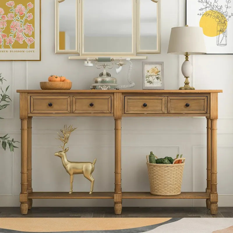 Rustic Console Sofa Table with 2 Drawers and Bottom Shelf