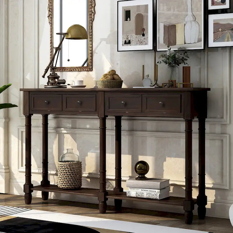 Rustic Console Sofa Table with 2 Drawers and Bottom Shelf