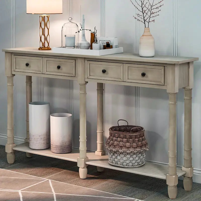 Rustic Console Sofa Table with 2 Drawers and Bottom Shelf