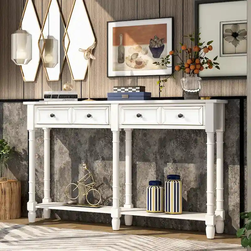 Rustic Console Sofa Table with 2 Drawers and Bottom Shelf
