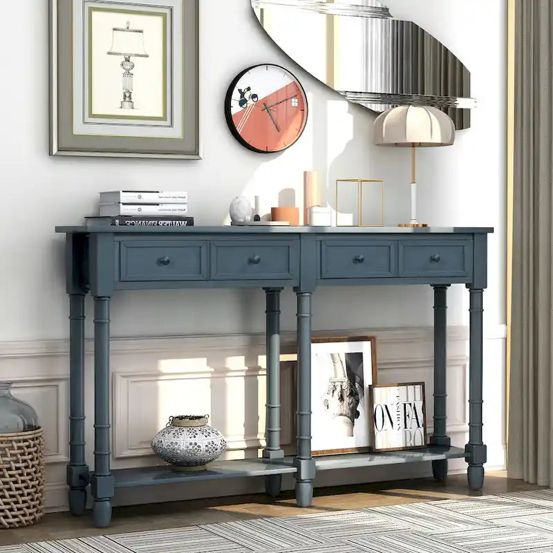 Rustic Console Sofa Table with 2 Drawers and Bottom Shelf
