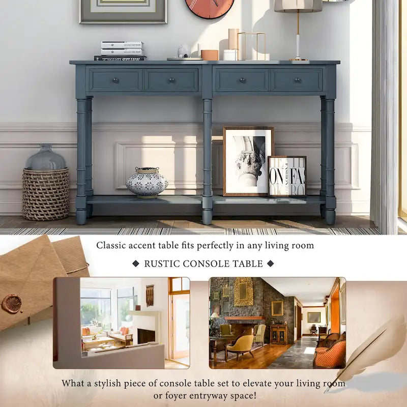 Rustic Console Sofa Table with 2 Drawers and Bottom Shelf
