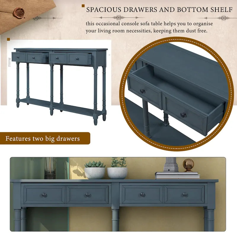 Rustic Console Sofa Table with 2 Drawers and Bottom Shelf