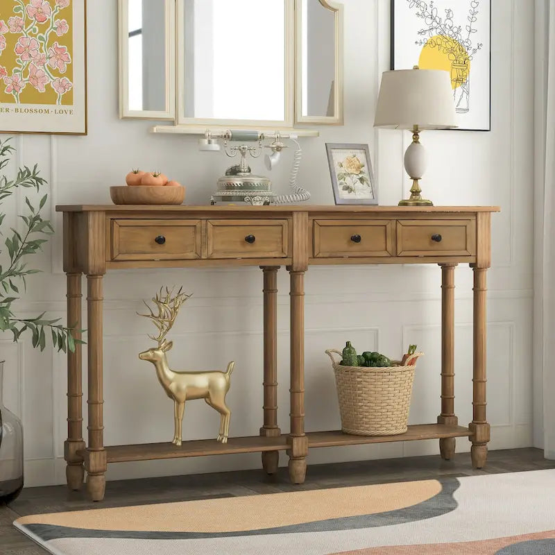 Rustic Console Sofa Table with 2 Drawers and Bottom Shelf