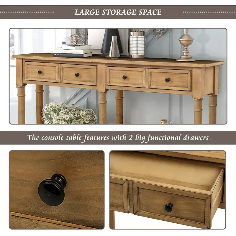 Rustic Console Sofa Table with 2 Drawers and Bottom Shelf