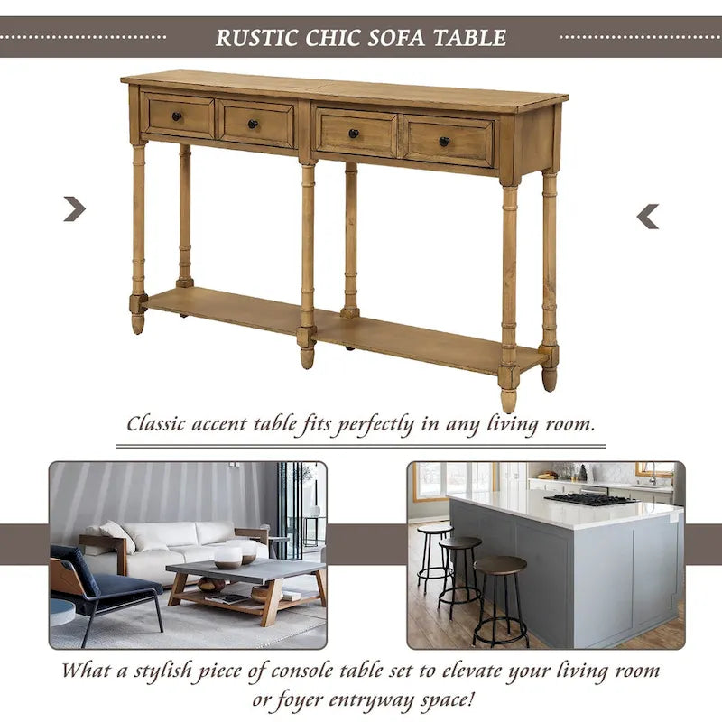 Rustic Console Sofa Table with 2 Drawers and Bottom Shelf