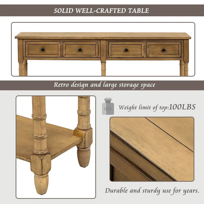 Rustic Console Sofa Table with 2 Drawers and Bottom Shelf