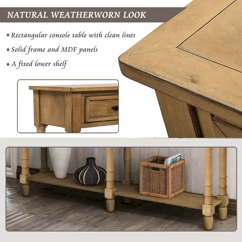 Rustic Console Sofa Table with 2 Drawers and Bottom Shelf
