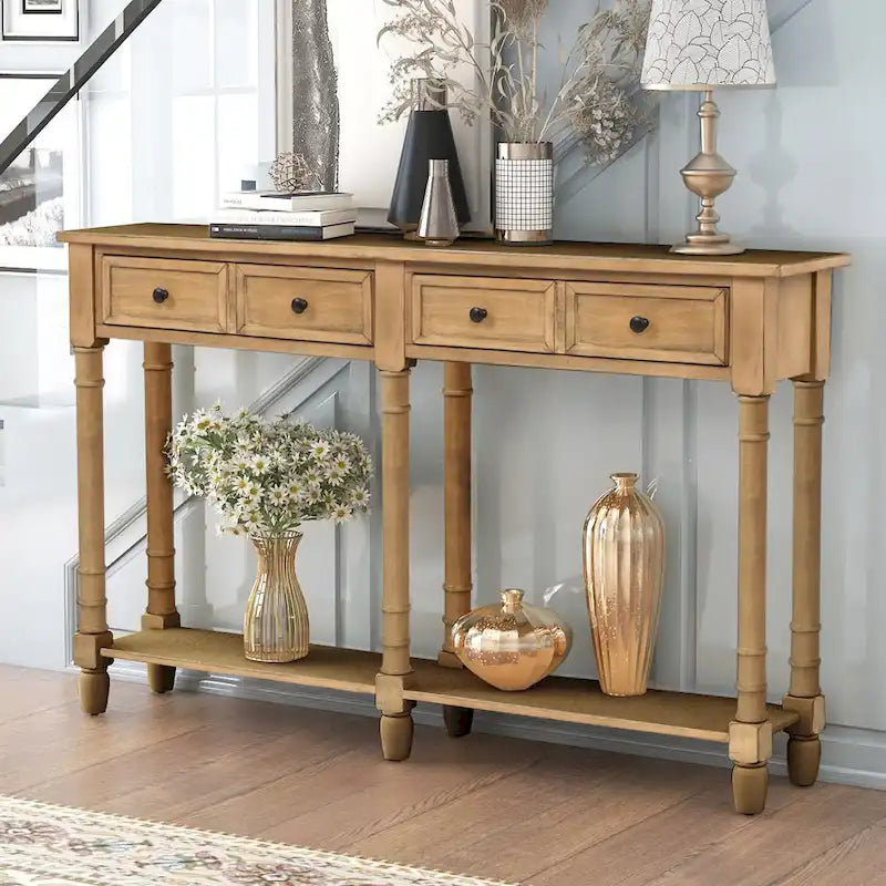 Rustic Console Sofa Table with 2 Drawers and Bottom Shelf