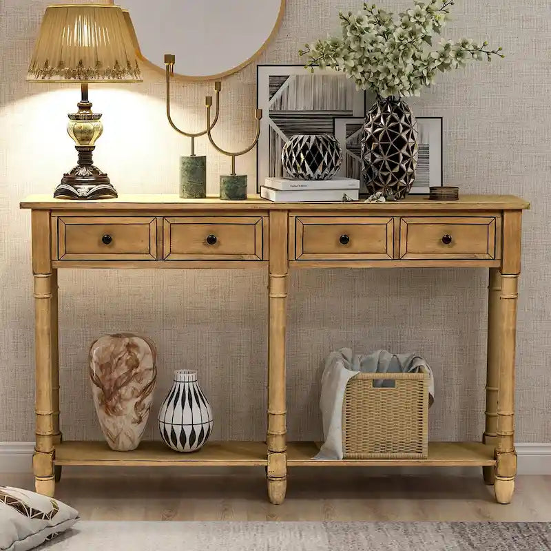 Rustic Console Sofa Table with 2 Drawers and Bottom Shelf