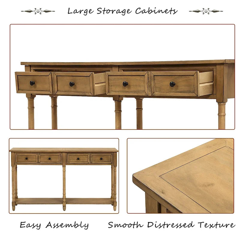 Rustic Console Sofa Table with 2 Drawers and Bottom Shelf