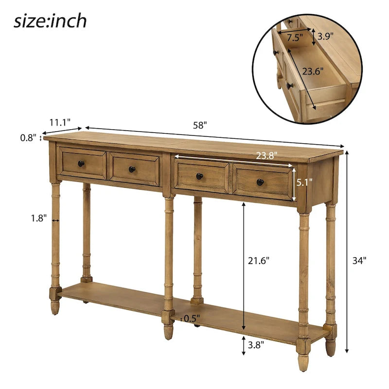 Rustic Console Sofa Table with 2 Drawers and Bottom Shelf