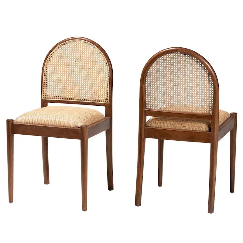 Modern Bohemian Natural Rattan and Acacia Wood 2-Piece Dining Chair Set