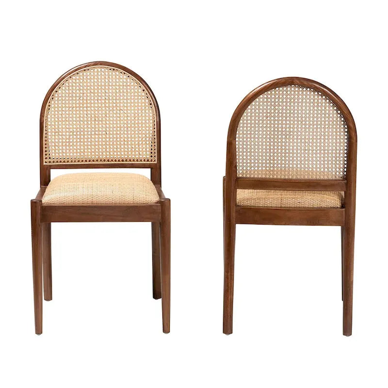 Modern Bohemian Natural Rattan and Acacia Wood 2-Piece Dining Chair Set