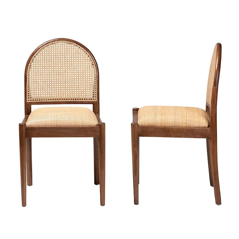 Modern Bohemian Natural Rattan and Acacia Wood 2-Piece Dining Chair Set