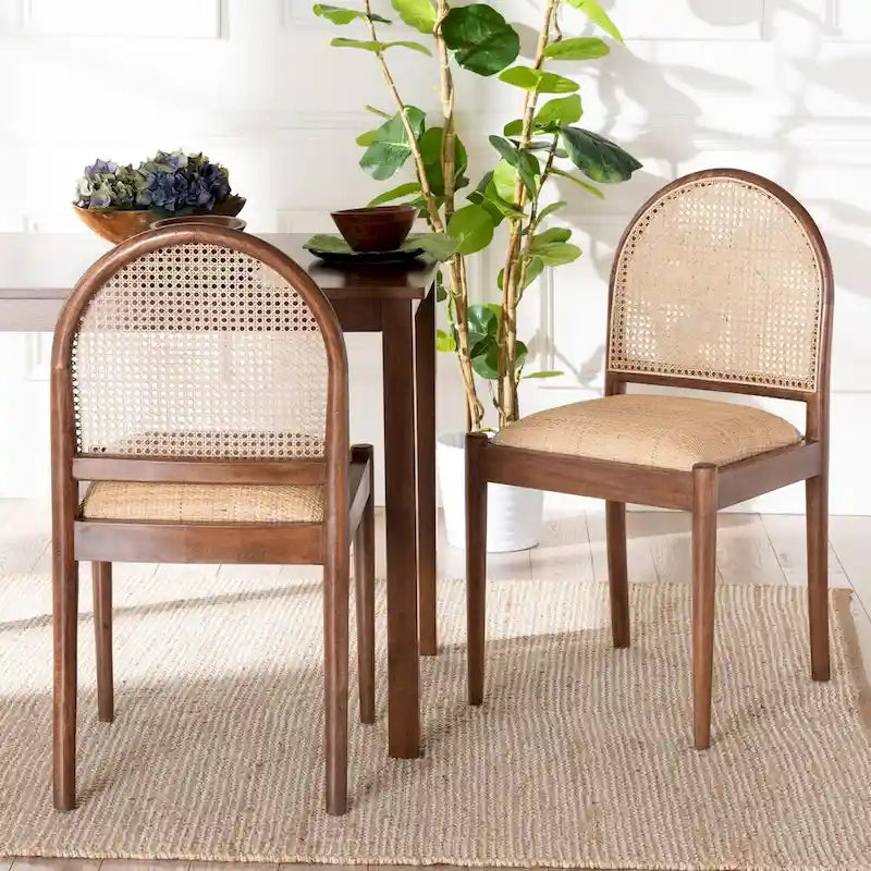 Modern Bohemian Natural Rattan and Acacia Wood 2-Piece Dining Chair Set