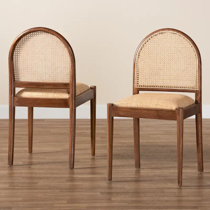 Modern Bohemian Natural Rattan and Acacia Wood 2-Piece Dining Chair Set
