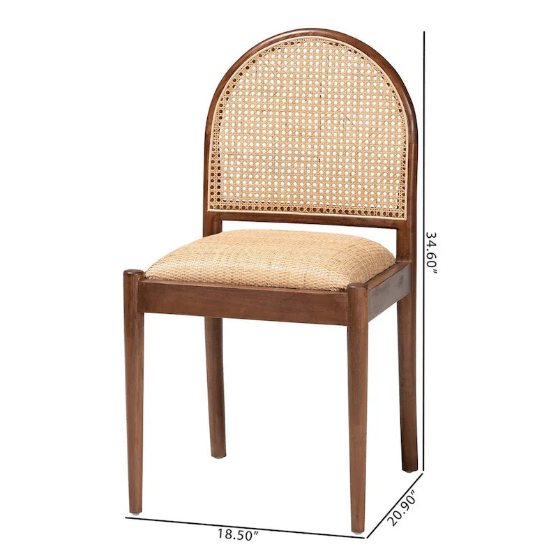 Modern Bohemian Natural Rattan and Acacia Wood 2-Piece Dining Chair Set