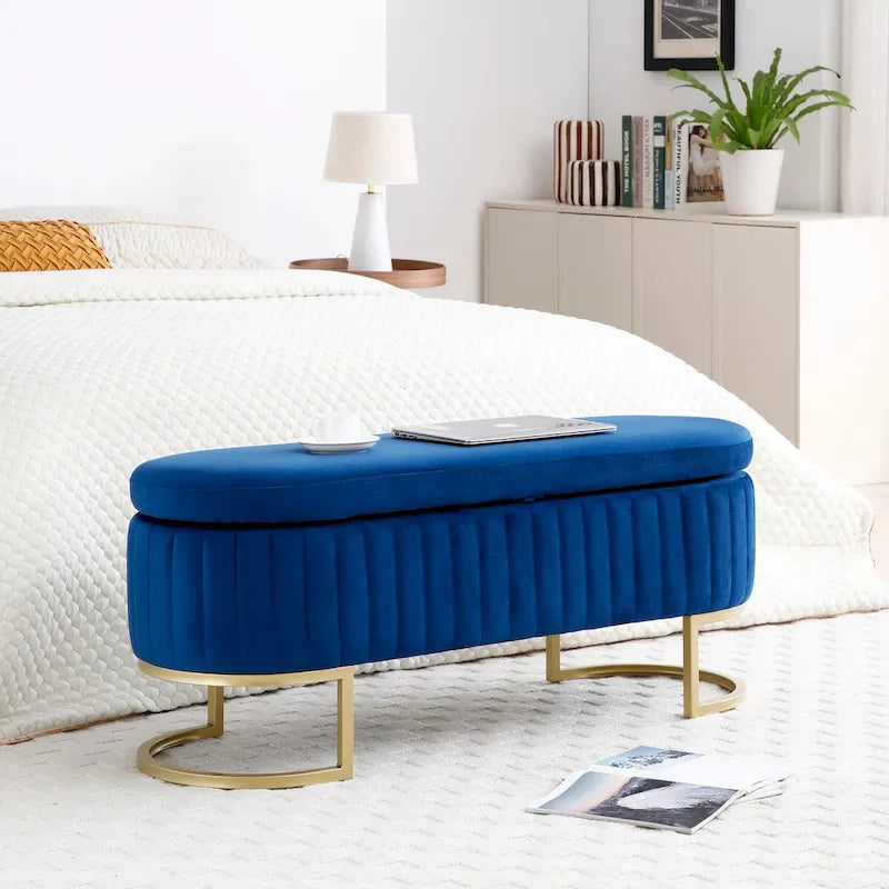 Velvet Upholstered Storage Ottoman Bench with Golden Metal Legs, 50"