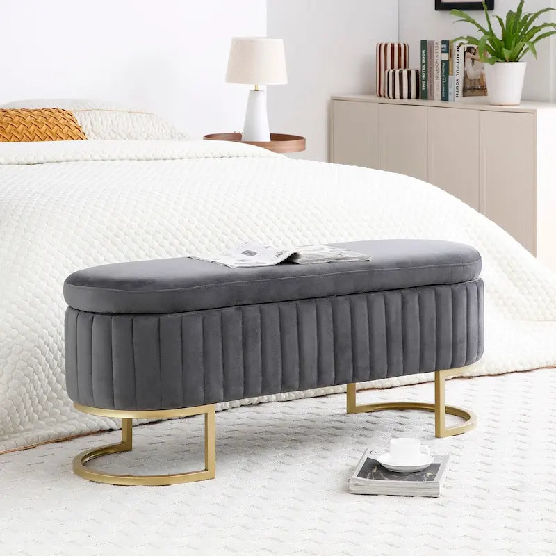 Velvet Upholstered Storage Ottoman Bench with Golden Metal Legs, 50"