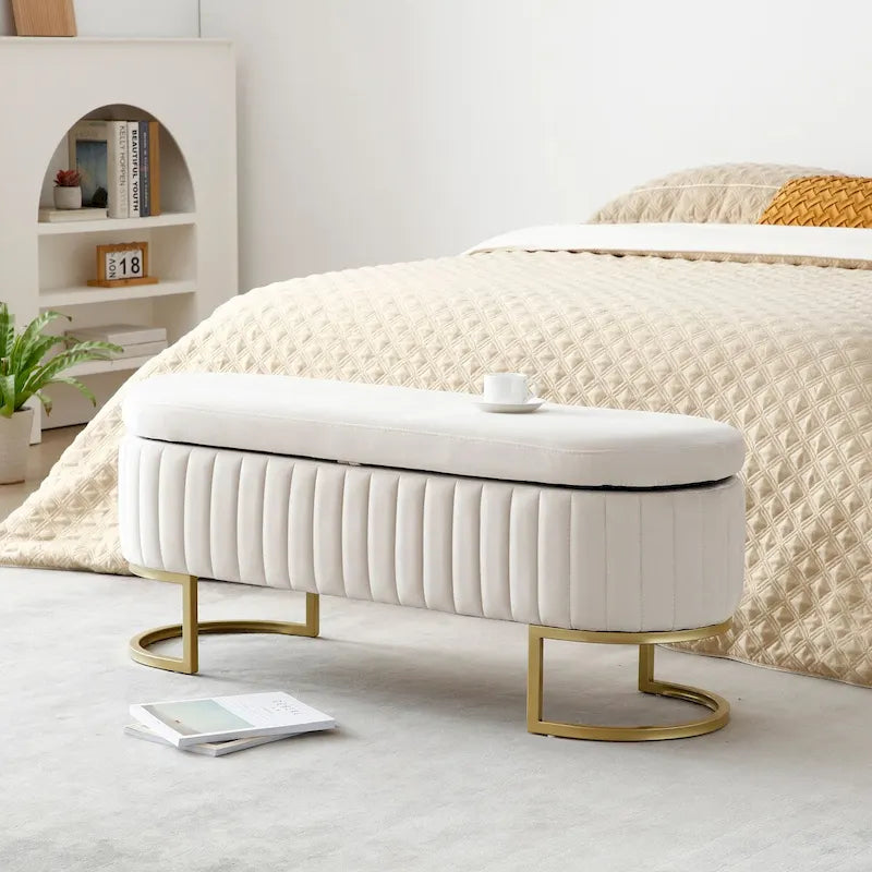 Velvet Upholstered Storage Ottoman Bench with Golden Metal Legs, 50"