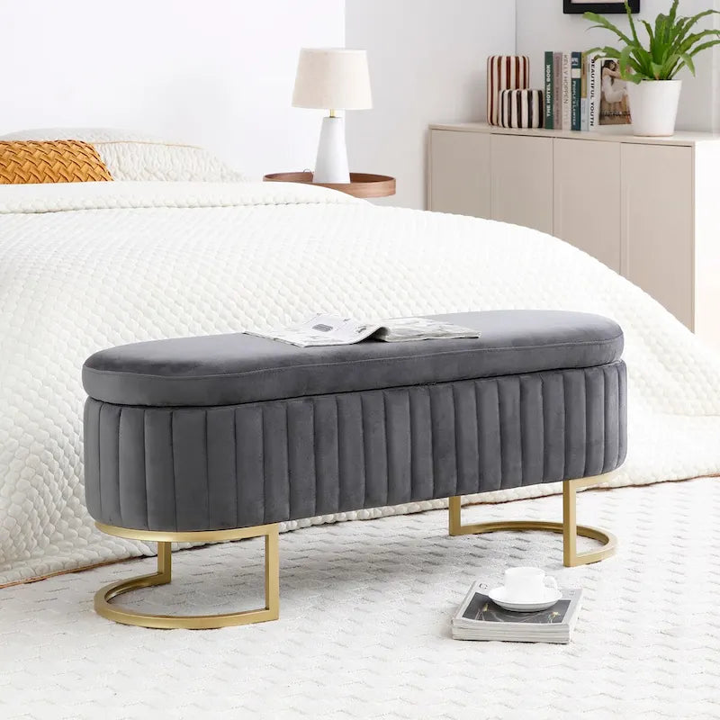 Velvet Upholstered Storage Ottoman Bench with Golden Metal Legs, 50"