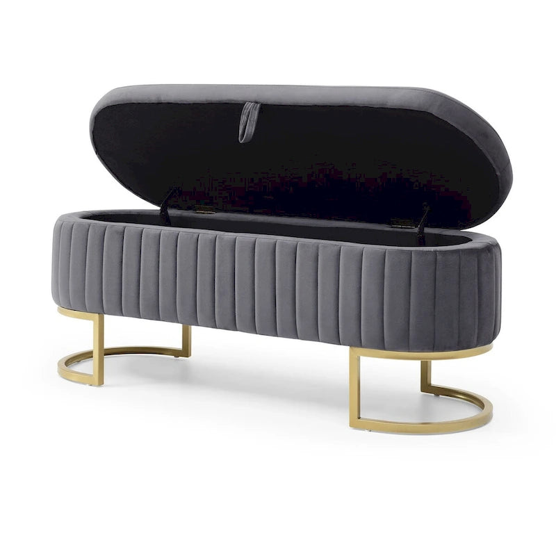 Velvet Upholstered Storage Ottoman Bench with Golden Metal Legs, 50"